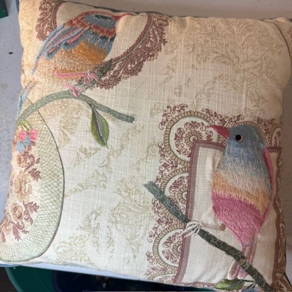 Embroidered Bird & Floral Cushion By Pier1